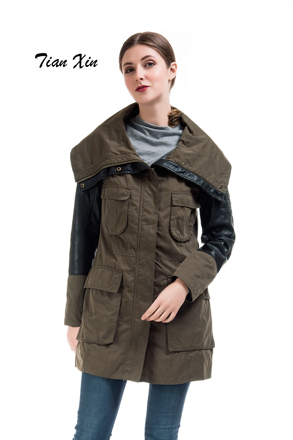 Women Fashion Military Lapel Anorak Jacket With Leather patchworkin