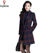Высококачественное осенне-зимнее женское клетчатое мягкое тонкое шерстяное пальто, модные облегающие Женские Длинные куртки с отложным воротником XXXL LZ183