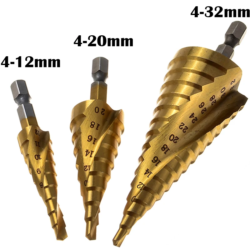 

ZENHOSIT 3PCS/set Hex Shank HSS Spiral Cone Metal Core Drill Bit Set 4-12mm /4-20mm/ 4-32mm For Home Industrial Metalworking