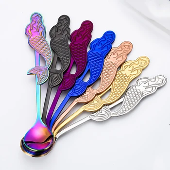

Wholesale Mermaid Teaspoon 50pcs/lot Salt Dessert Flatware Coffee Tea Spoons 304 Stainless Steel Kitchen Gadget