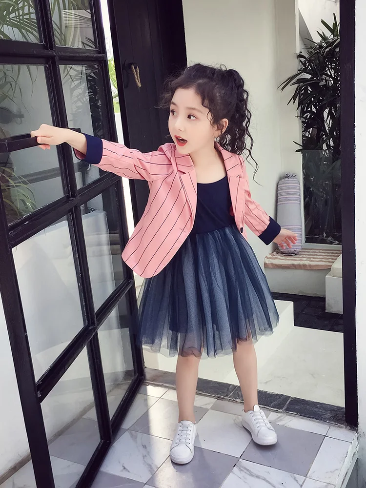 

3-16 y kids cotton pink jacket big Girl's striped thin coat
