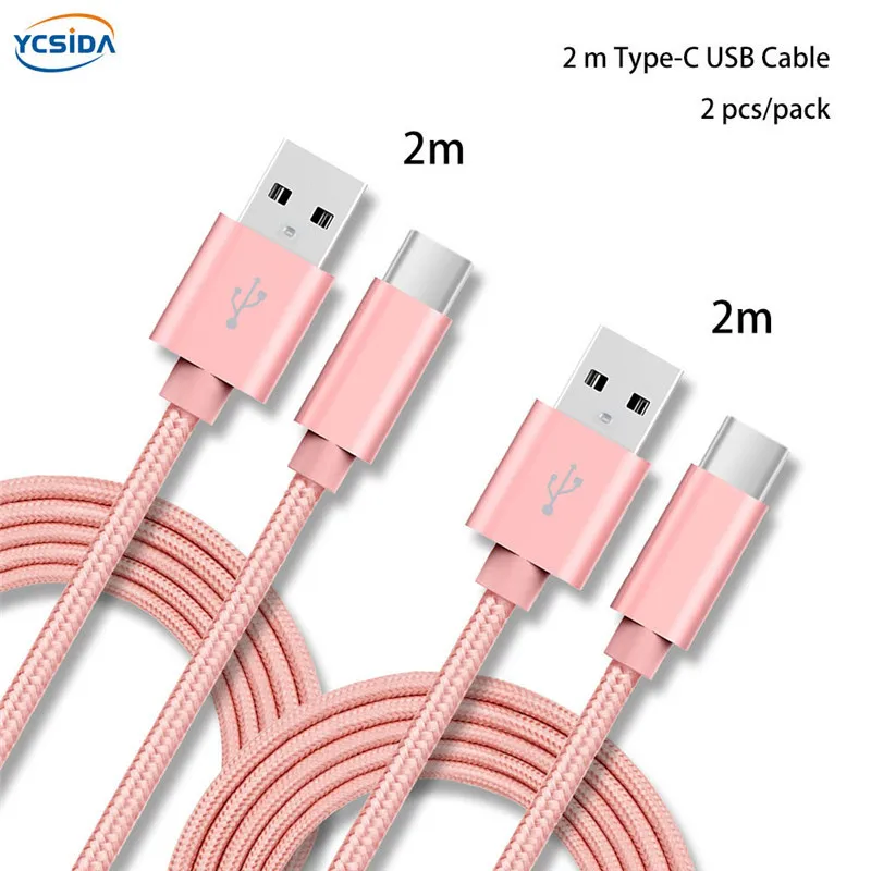 Розовый 2 м 2 шт./упак. 2.4A Тип C USB-C для передачи данных в нейлоновой Зарядное устройство кабель для samsung S10/LG G6/huawei P30/xiao Mi 8/OPPO R17/vivo NEX кабель