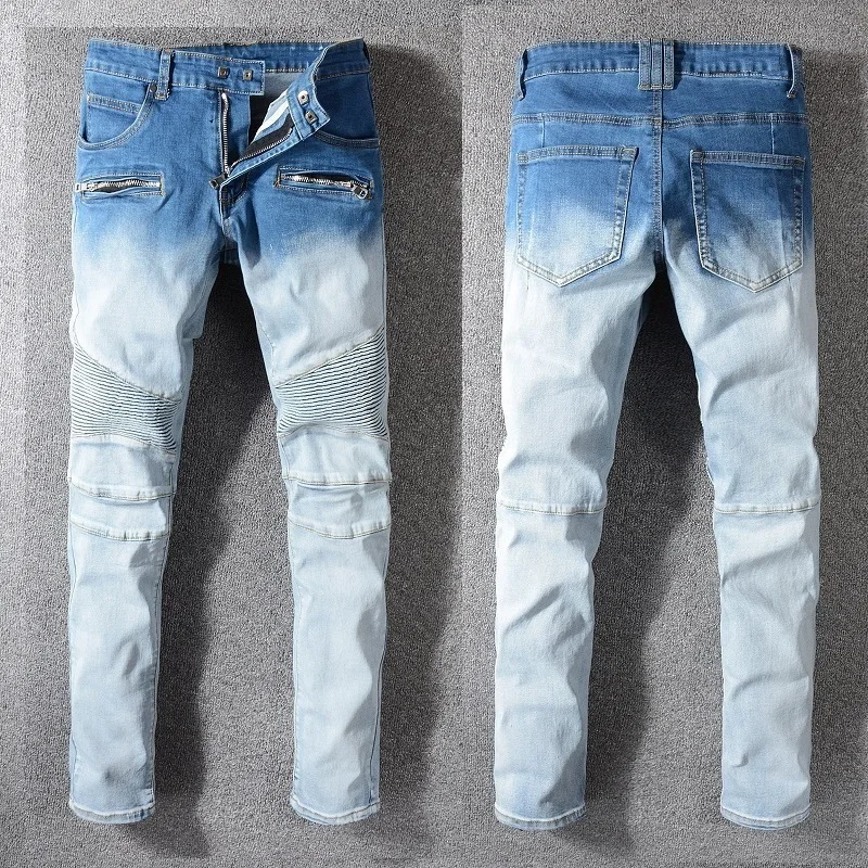 Новый стиль Франции #1074 # мужские мото брюки рваные вареные синие обтягивающие джинсы байкерские джинсы стрейч узкие брюки размер 29-42
