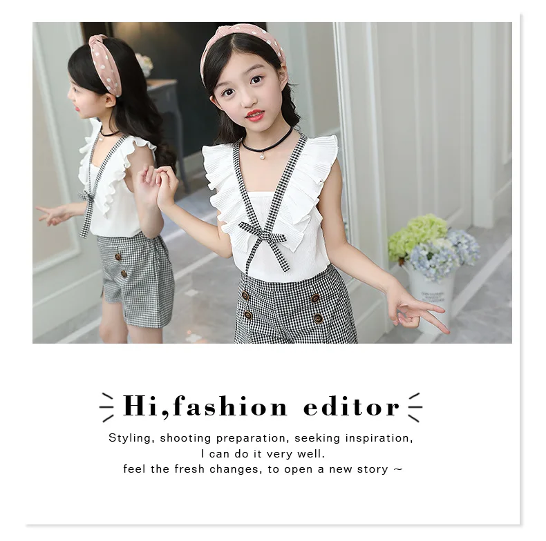 Casual Teen Girls Clothes 2019 New Summer Children Clothing Set Ruffles Tops Plaid Shorts 2Pcs Kids Suit For Girls Outfits 3-14Y (8)