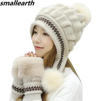 

Girls Skullies Beanies Thicken Ski Snow Cap New Fashion Fur PomPoms Winter Women Knitted Hats Female Warm Gloves + Knit Hat Set