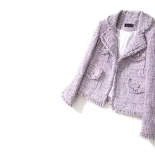 Для женщин элегантные фиолетовые твидовая куртка откладным воротником однобортный 4-куртки с карманами Новинка зима