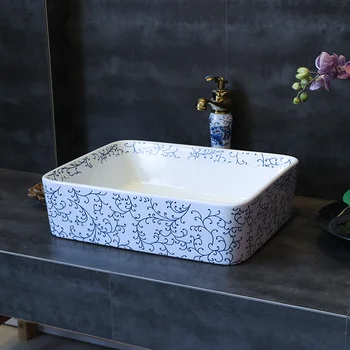 

Europe Vintage Style rectangular ceramics vanity basin Art Countertop sinks blue and white ceramic wash basin bathroom sink