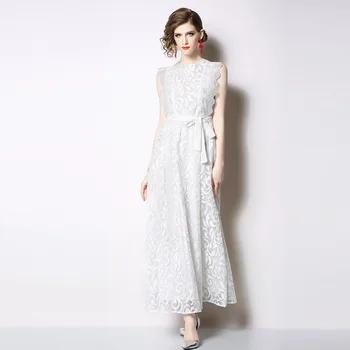 

ARiby Female Summer Women Dress Temperament Elegant Fairy Fashion Lace Solid Sleeveless Slim White Black Long O-neck Dress