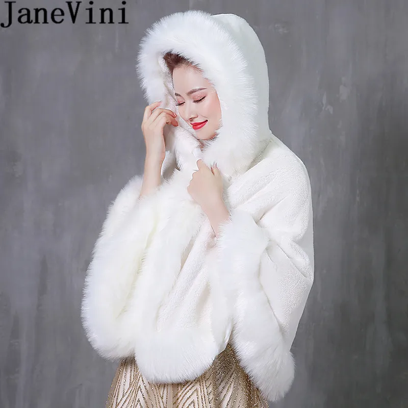 

JaneVini 2018 Hooded Short Shrugs for Women Winter Faux Fur Wedding Wraps Bolero Fourrure Bridal White Cape Coat Abrigos Novia