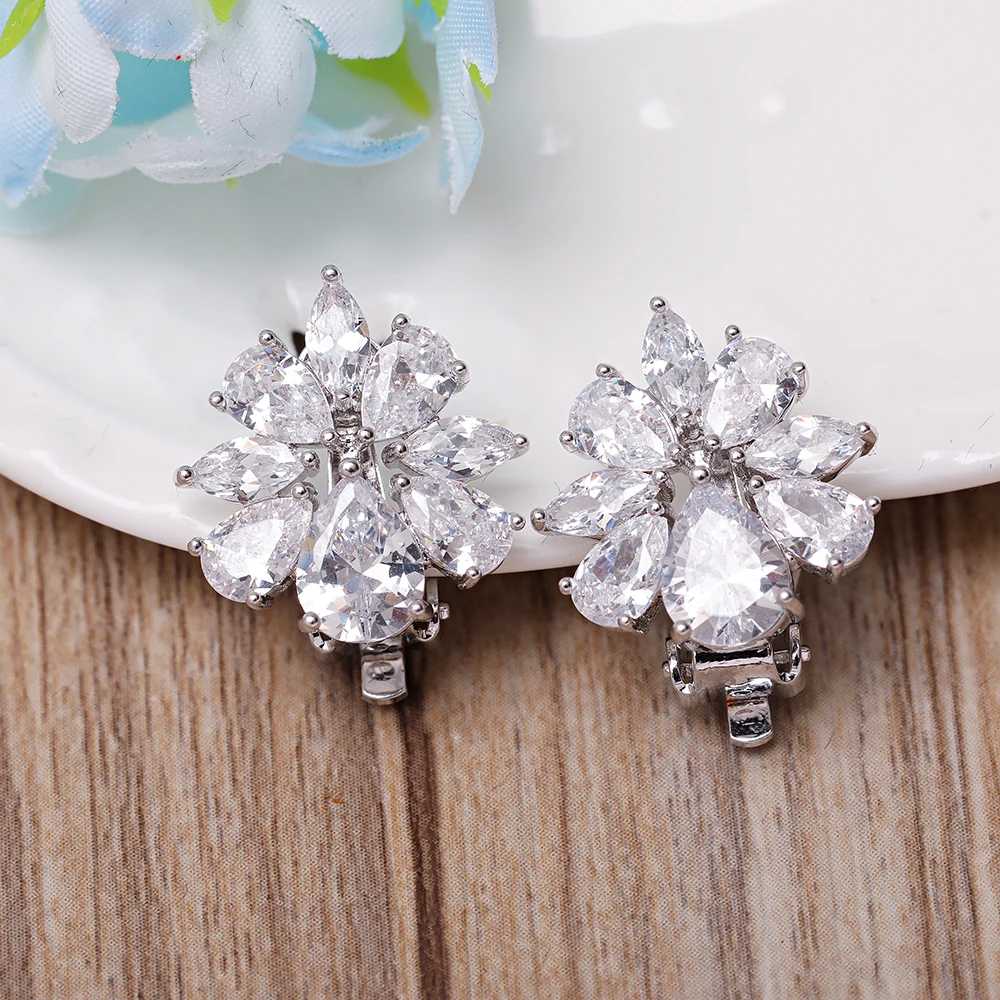 

New AAA Cubic Zirconia Clip Earring Ear Clip For Women Silver Color Wedding Jewelry Accessories Clear CZ Stone Fashion Earings