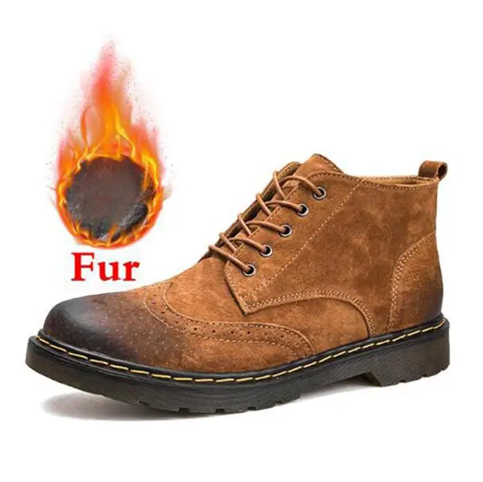 Новинка; мужские зимние рабочие ботинки из натуральной кожи; ботильоны; модная обувь на шнуровке; Мужская обувь высокого качества в винтажном стиле - Цвет: Fur brown