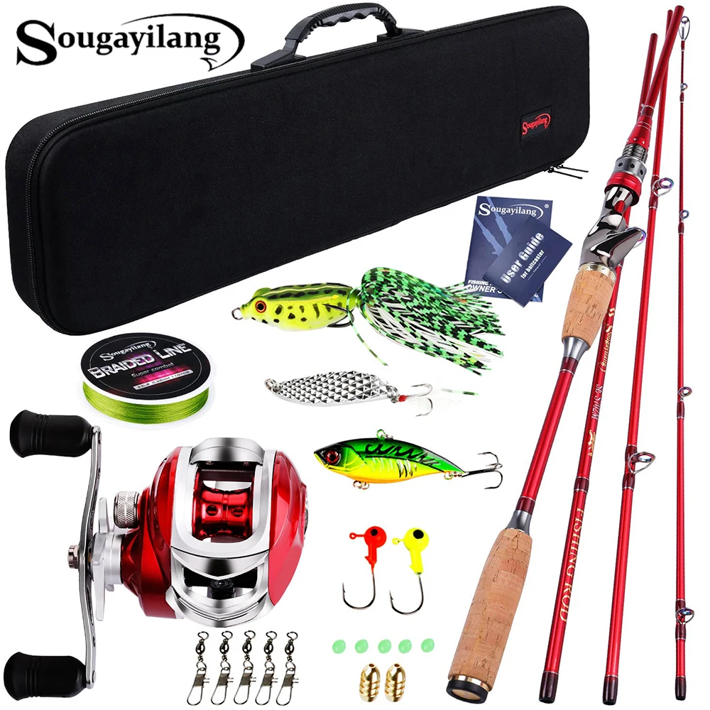 Beste Sougayilang Baitcsting Staaf Volledige Kit 4 Sectie M Power Carbon Fiber Casting Reel Set 100M Vislijn Lokt Haken combo Pesca
