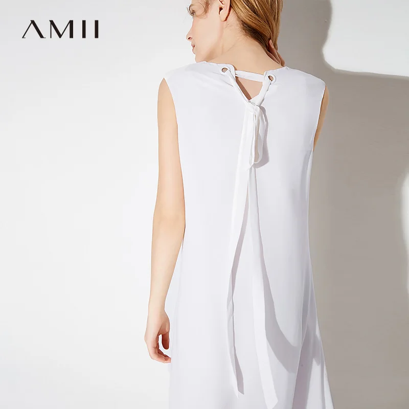

Amii Women Dress 2018 Summer Office Lady Chiffon Straps V Neck Sleeveless Plus Size Knee Length Dresses