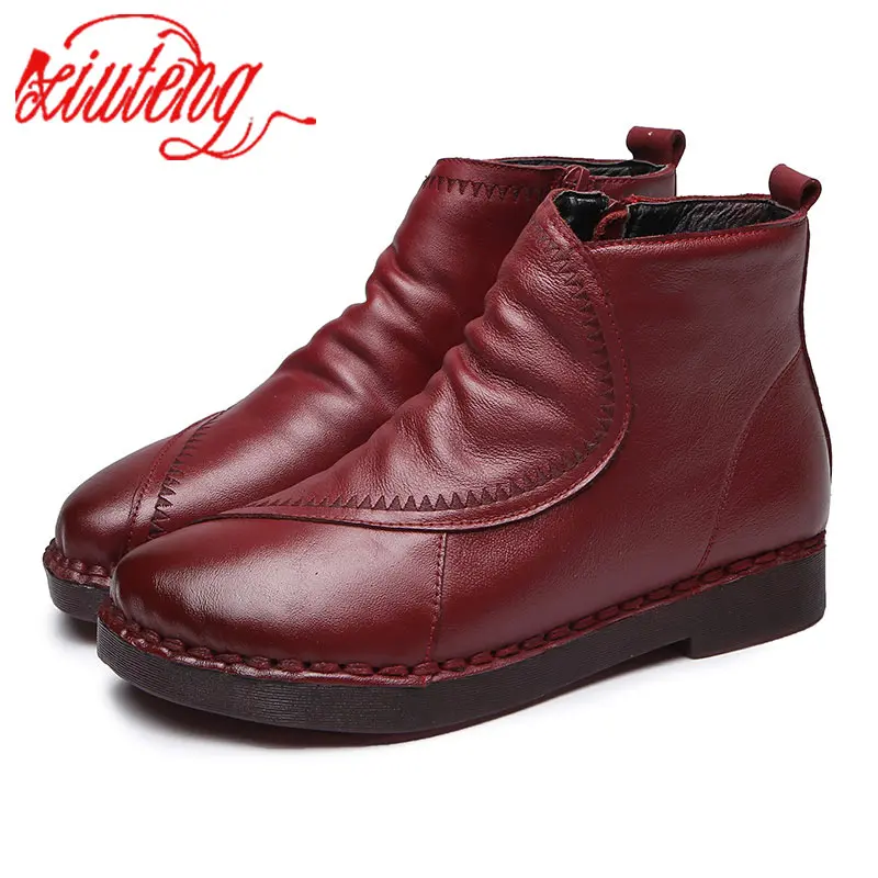 

Xiuteng 2018 New Soft Bottom Women's Short Ankle Boots Cow Leather Casual Flat Embroidered Women's Cotton Boot Autumn/Winter