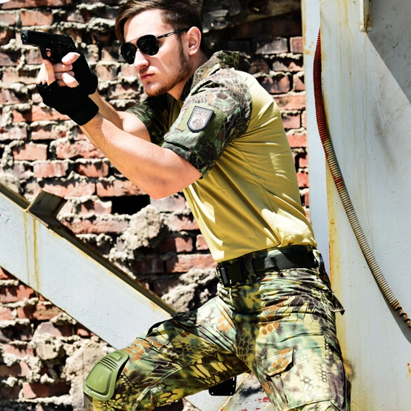 

Short Sleeve Tactical Camouflage Military Uniform Clothes Suit Men US Army Clothes Military Combat Shirt + Cargo Pants Knee Pads