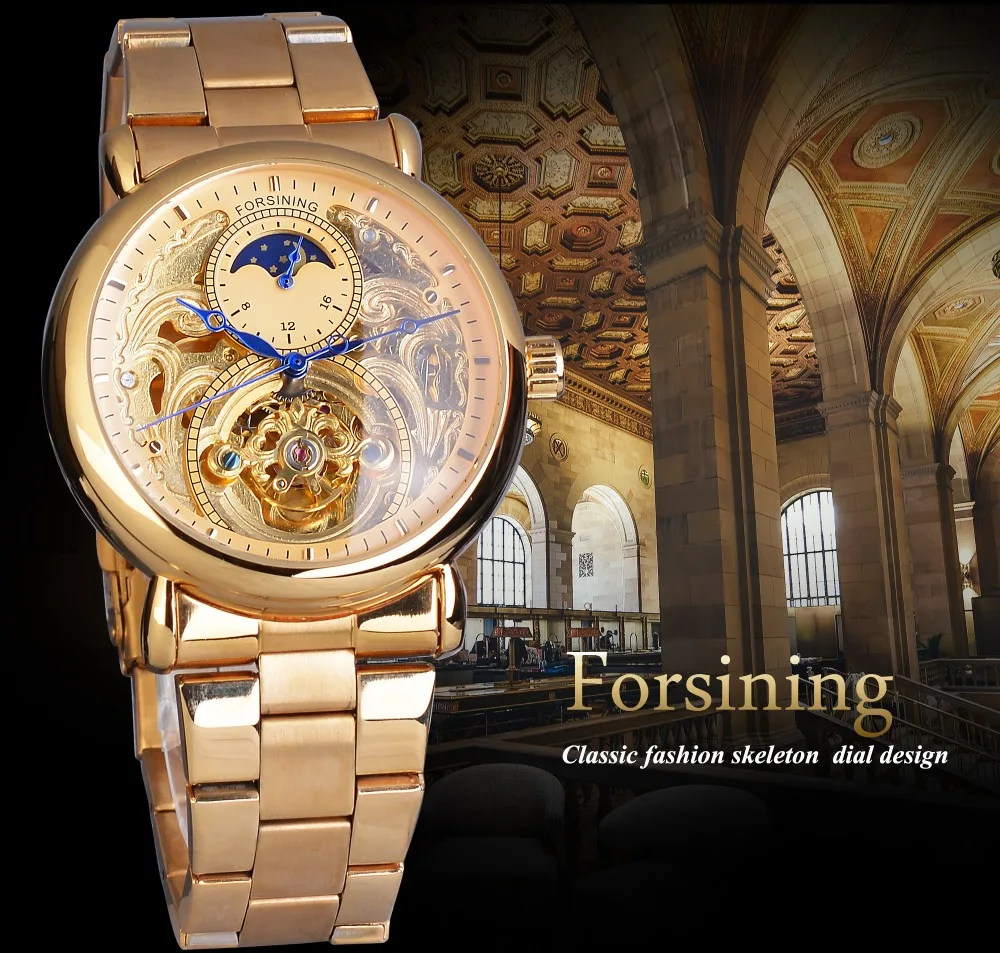 Forsining мужские часы Золотая фаза Луны автоматические механические часы из нержавеющей стали ремешок часы в ретро-стиле Relojes Hombre