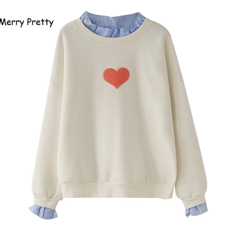 

Merry Pretty New Winter Women Preppy Style Sweatshirts Flare Sleeve False 2 pieces Patchwork Pullovers Heart Embroidery Outwears