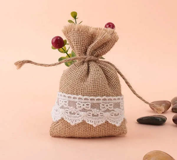 Free Shipping 50 Pcs / Lot Natural Jute Bags White Lace Jute Bag Gift
