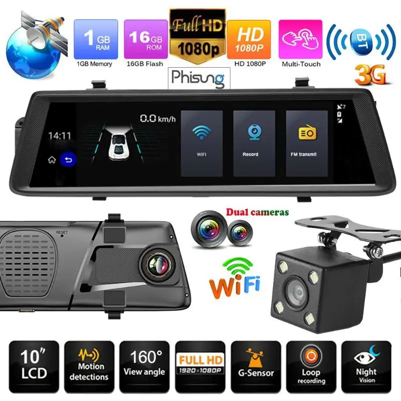 

V6 WiFi BT 3G Android 10in Rearview Mirror Car DVR Camera Video Recorder GPS Car Assist APP or Android & iOS support remote