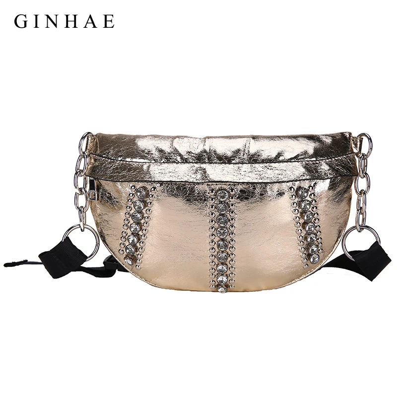 الفاخرة النساء الخصر حزم الأزياء الماس مضحك حقيبة ظهر العلامة التجارية تصميم السيدات مخلب Crossbody حقيبة حزام جلد الصدر أكياس الذهب