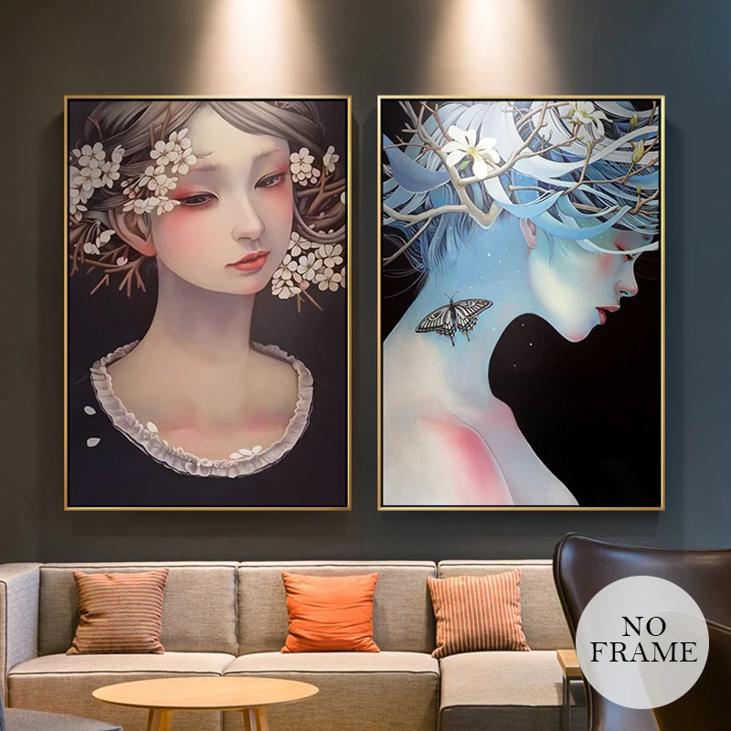 

Nordic Style HD Girls Flowers Butterfly Psychedelic Canvas Painting Posters And Print Wall Art Pictures For Living Room Bedroom