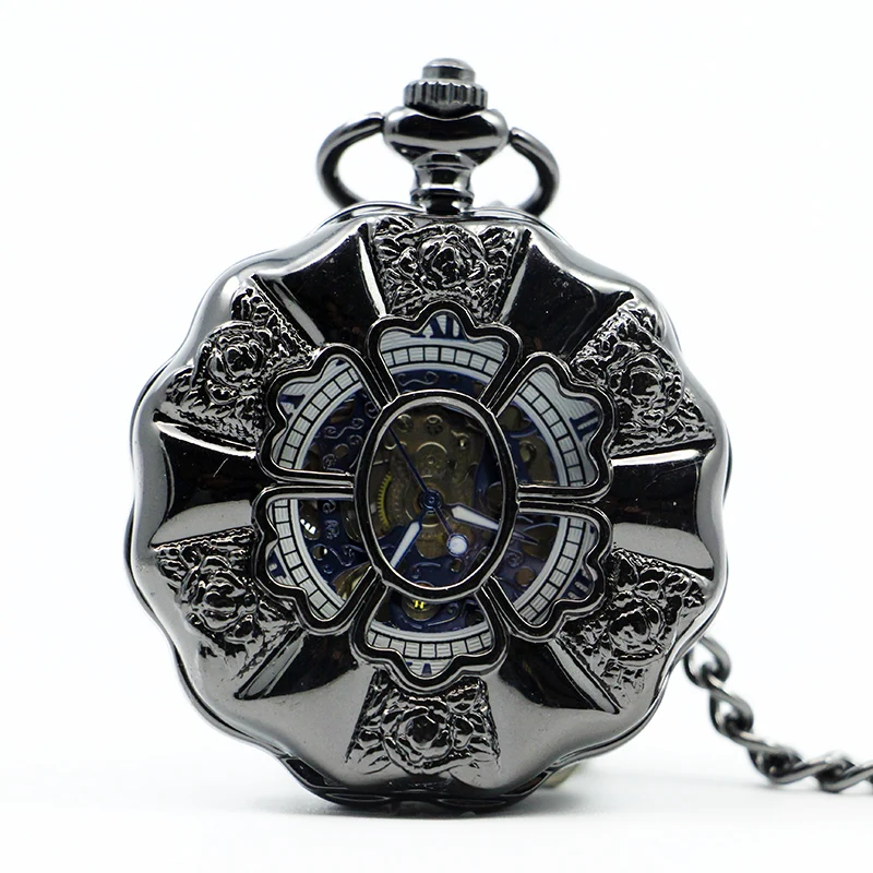

Black Full Steel Luminous Mechanical Pocket Watches Vintage Hollow Analog Skeleton Hand Winding Roman Number Dial PJX1219