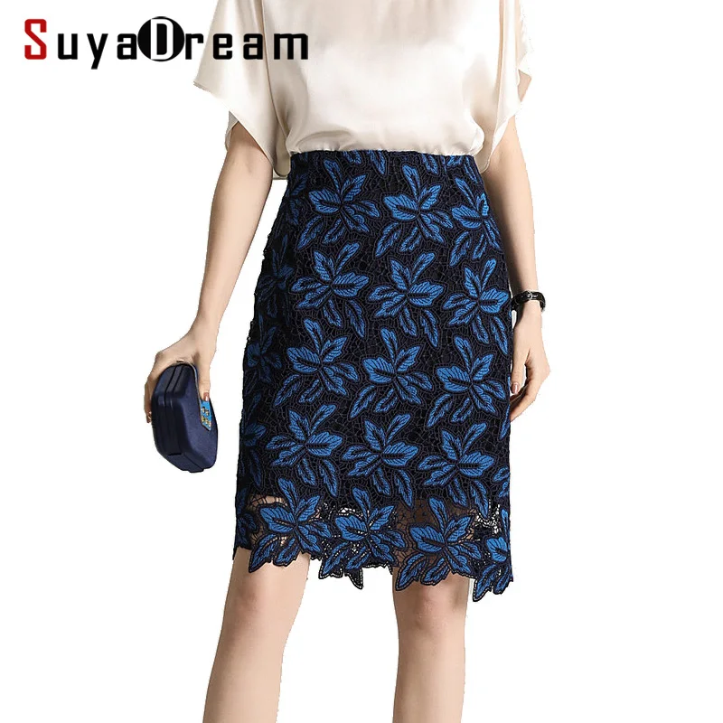 

Women Lace Skirt 100%Real Silk Lining Solid Straight Skirts High Waist Knee Length Pencil Skirt 2019 Summer New