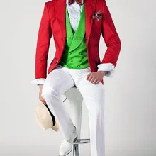 Две кнопки красный пиджак белые брюки жениха смокинги друзей жениха Мужские свадебные костюмы выпускного вечера на заказ(куртка+ брюки+ жилет+ галстук) K: 476