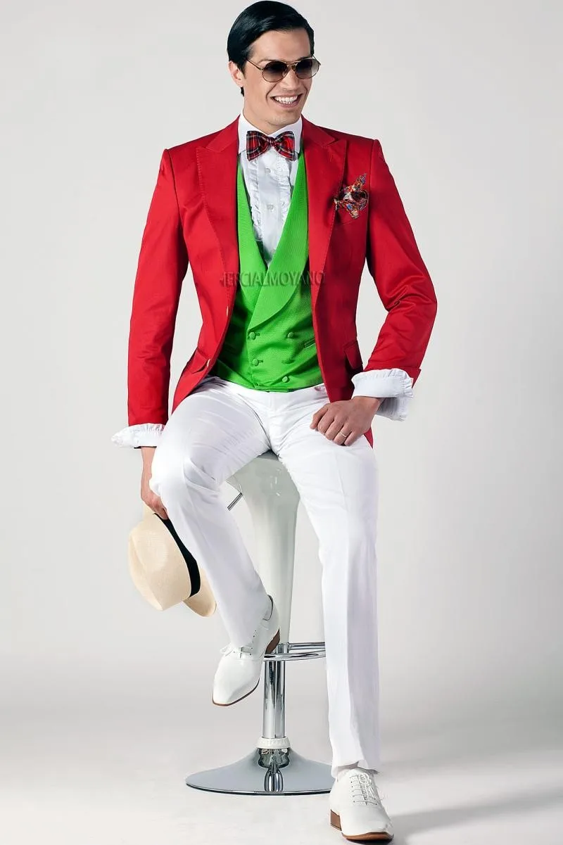 Two Button Red Jacket White Pants Groom Tuxedos Groomsmen Men's Wedding