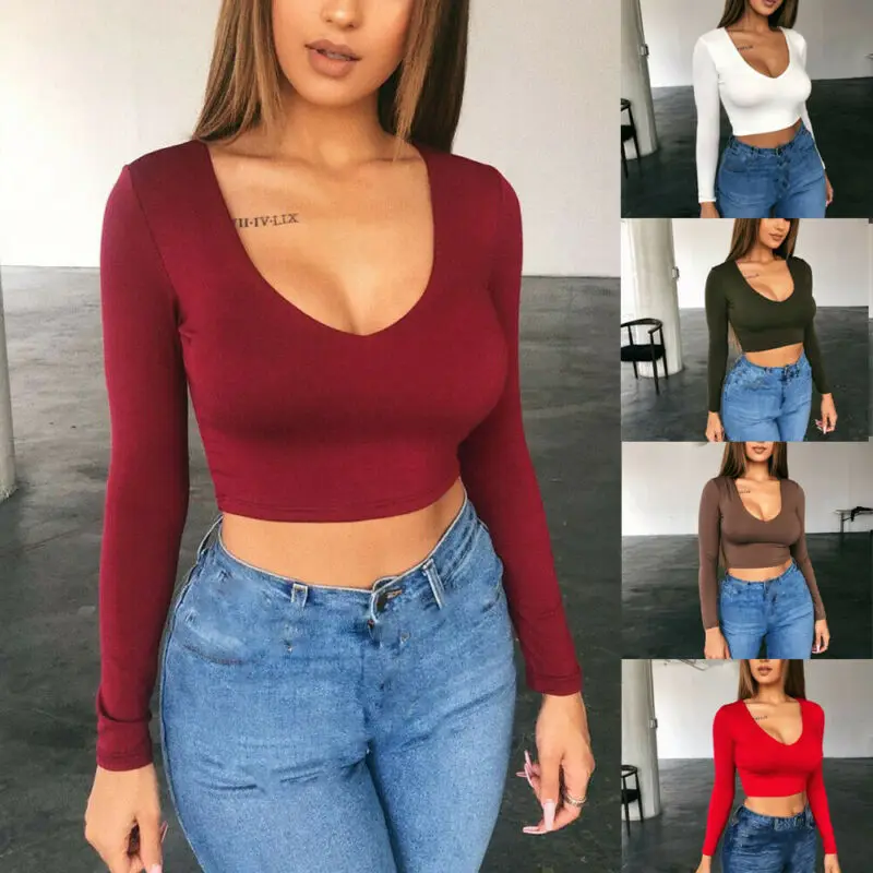 

Fashion Women Long Sleeve Crop Tops T Shirts Casual Sexy Slim Fit Shirts