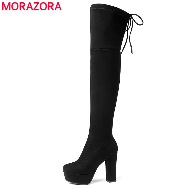 Comprar Tamaño 34 43 nuevo 2019 sobre la rodilla botas de mujer de imitación de gamuza muslo botas altas plataforma estiramiento Delgado Sexy botas de invierno de las mujeres de las señoras
