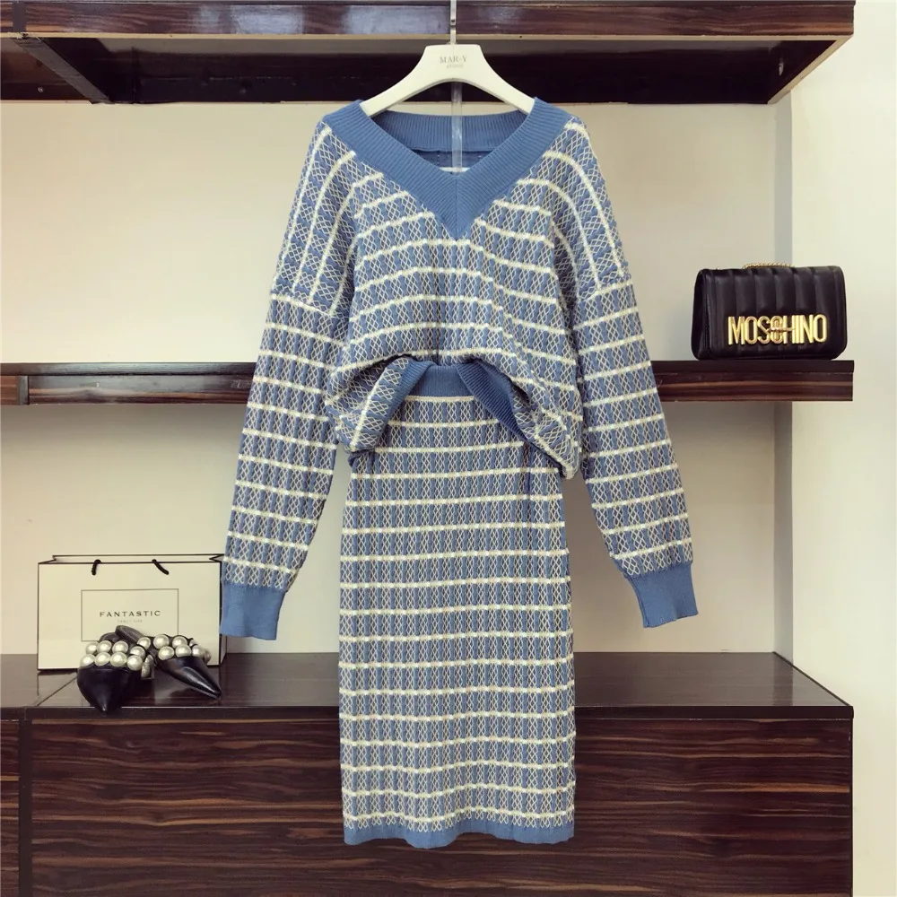 

Amolapha Women Soft Knitted Striped V Neck Sweater Jumper Tops+Slim Pencil Skirts Clothing Sets