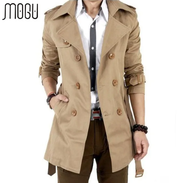 MOGU Trench Coat Men Autumn Spring Double Breasted Men