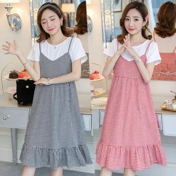 

Pregnant women dress summer new short-sleeved plaid stitching fake two-piece skirt cotton large size pregnancy skirt
