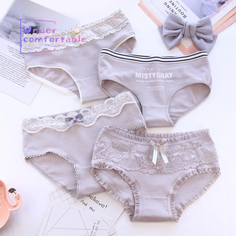 

4PSC/Lot Newest Lovely Grace Grey Women Underwear Female Simple Summer Lace Bow Girls Intimates Cute Mid-Rise Brief