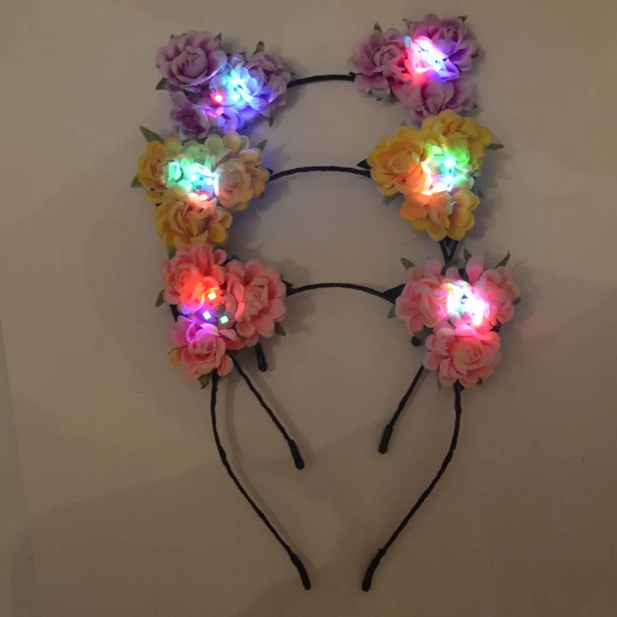 Rave Led вечерние светящиеся светильник лента для волос Розы Цветы кошка Лиса животные уши костюм для девочек свадебная повязка на голову головной убор подарок фестиваль