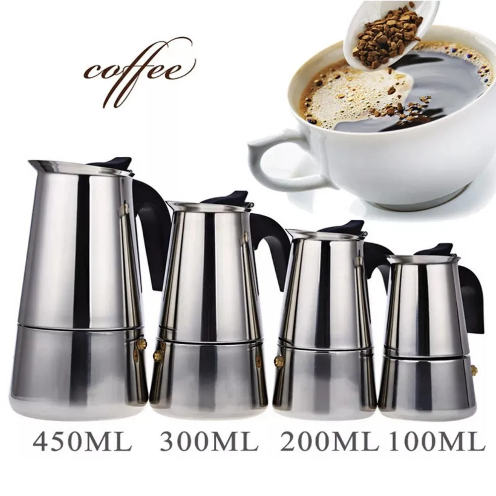 

100ml/200ml/300ml/450ml Portable Espresso Coffee Maker Moka Pot Stainless Steel Coffee Brewer Kettle Pot For Pro Barista