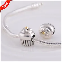 925 Sterling-Silver-Jewelry Cupcake Charm with 14K Gold Fits Bracelets Charms Silver Beads for Jewelry Making LW017BK