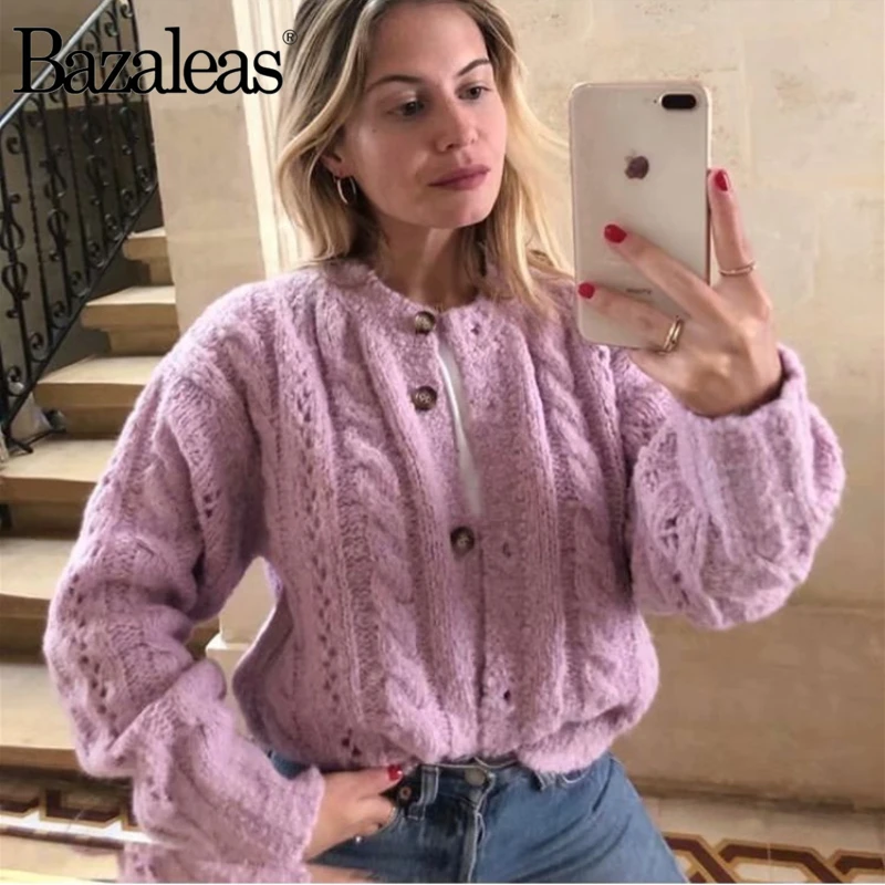 Bazaleas Франция мягкий женский свитер винтажные центральные значки mauve фиолетовый Теплый Kintted Carfigans harajuku Повседневная Прямая
