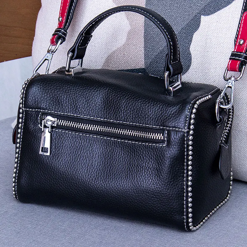 Женская сумка Boston из натуральной кожи, женская сумка, простая сумка через плечо в Корейском стиле,, Ретро стиль, повседневная дизайнерская сумка с заклепками