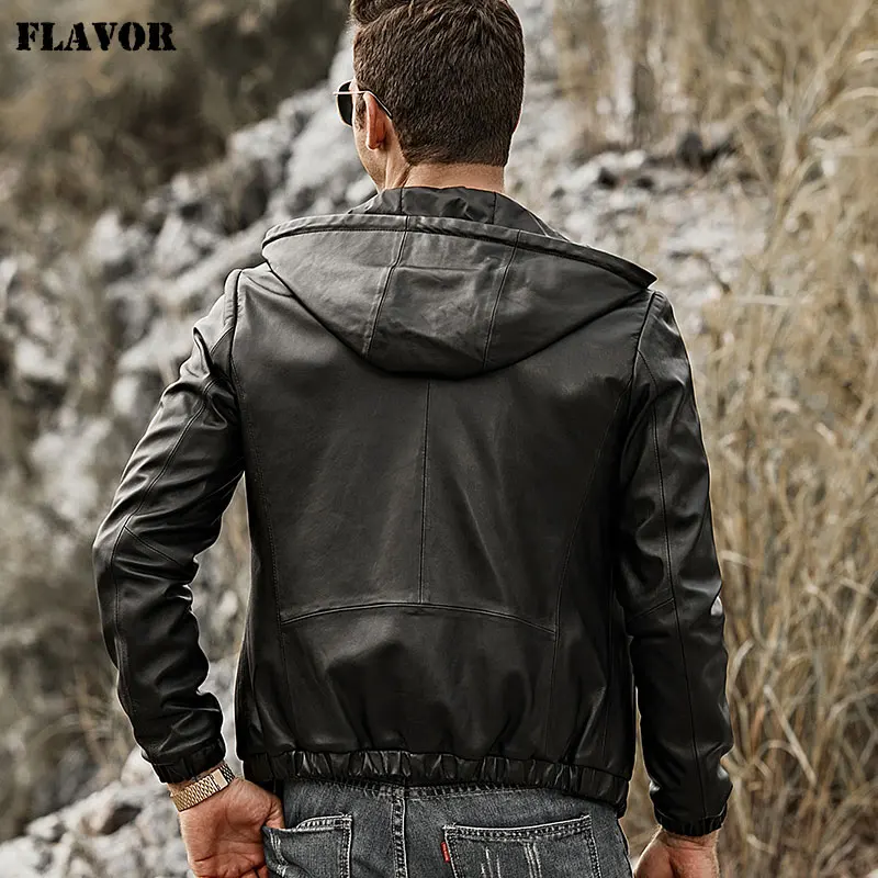 FLAVOR Men's Real Leather Jacket Hoodie Lambskin Genuine Nappa