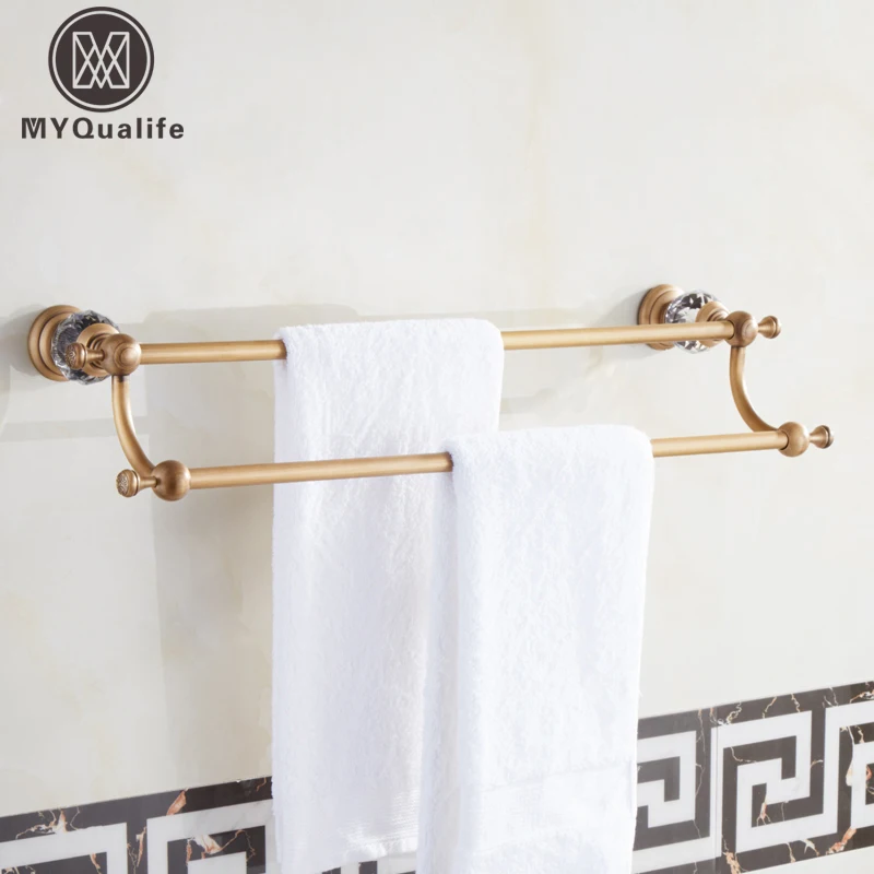 Luxury Brass Crystal Bath Towel Bar Wall Mounted Towel Shelf Double