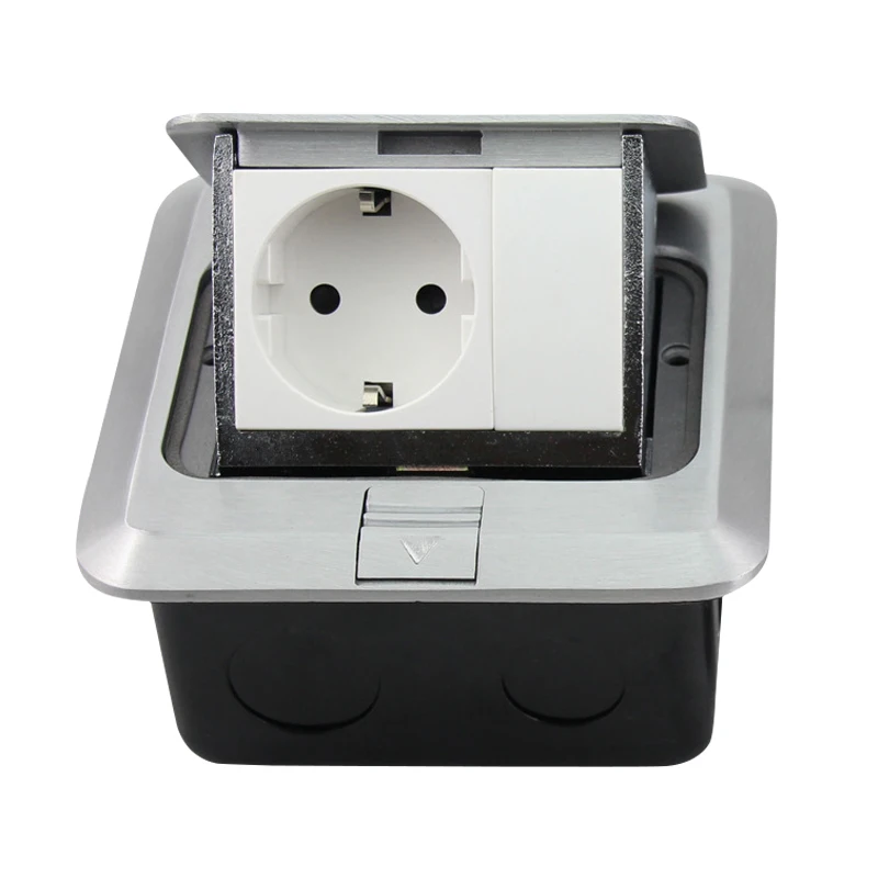 

All Aluminum Silver Panel EU Standard Pop Up Floor Socket Electrical Outlet With Internet Computer Port 120*120mm