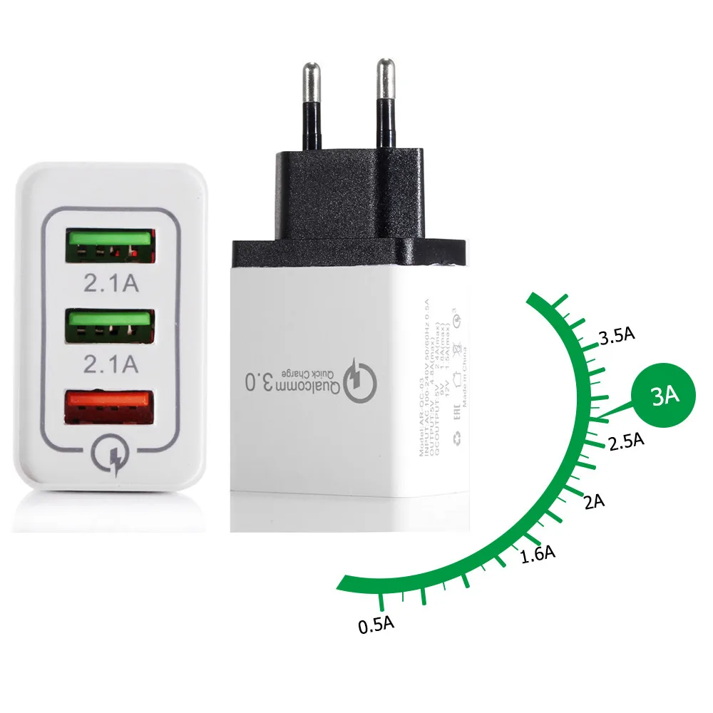

30W 3-Port USB Wall Charger with Dual Quick Charge 3.0 Ports For iPhone /Samsan travel Fast charger For iPhone iPad Samsung