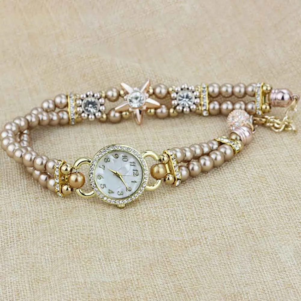 

Female Faux Pearl Bracelet Watches Ladies Quartz Wrist Watch with Sweet Faux Pearl Strap LL@17