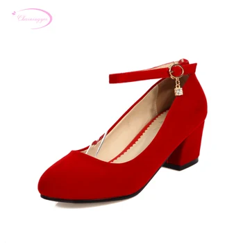 

Chainingyee simple party style comfortable round toe pumps fashion belt buckle black red diamond med with women's shoes big size