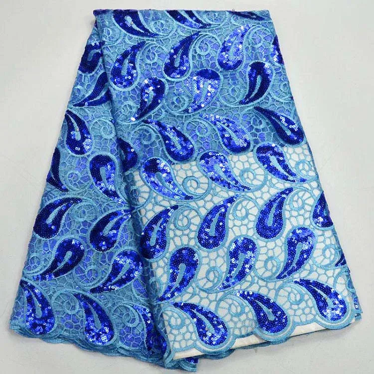 

Newest Blue sequins guipure beaded lace fabric high quality embroidered sequins tulle net lace fabric For a wedding dress