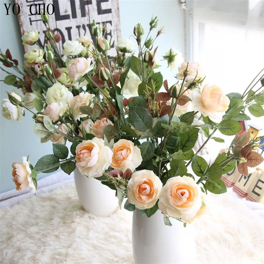 

YO CHO, Рождественский Декор, Шелковый цветок розы, 4 головы, пион, цветы, искусственная зелень, листья, цветок, 2 почки, декоративный свадебный букет