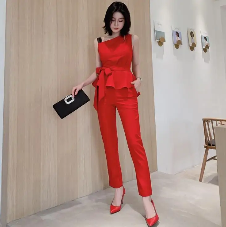 

2019 Fashion Red Solid Suit 2 Two Piece Sets Ruffle Sleeveless Shirt Top + Pencile Pants Sets For Women Runway Outfits