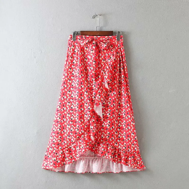 

2019 Women fashion floral vestidos print asymmetrical skirt faldas mujer ladies bow tie sashes chic casual ruffles skirts QUN321
